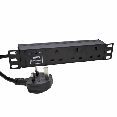 kenable 10 Inch PDU Power Strip 3 Way UK Sockets Surge Protected 1.8m Cable for Small Data Cabinet SOHO Network Rack 13A 250V
