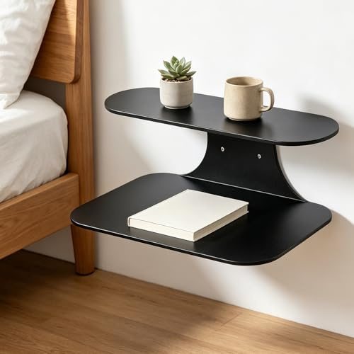 Vehiwell 2 Stück Schwebender Nachttisch Hängend, 39x19cm Wandregal | Nachttisch Schmal mit 2 Ebenen, Moderner, Schwarz Metall, Kratz, Stoß & Schlagfest, Als Hängend, Schminktisch oder Sideboard