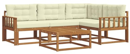 Yisssmeng Outdoor Gartenmöbel-Set 5-teilig aus Akazienholz, Modulares Lounge-Set mit Cremefarbenen Kissen, Ecksofa und Couchtisch für Terrasse, Garten und Balkon, Natur-Design