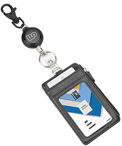 Wisdompro® Kartenetui für Ausweis aus PU-Leder mit doppelseitigem vertikalem Reißverschlussfach und Schlüsselanhänger - mit robuster ausziehbarer Rolle.