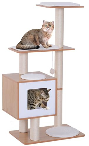 PawHut Tiragraffi per Gatti in Sisal con Cuccia, Piattaforme e Giochi, 60x40x120cm | Piattaforme, Giochi Sisal, MDF, Legno
