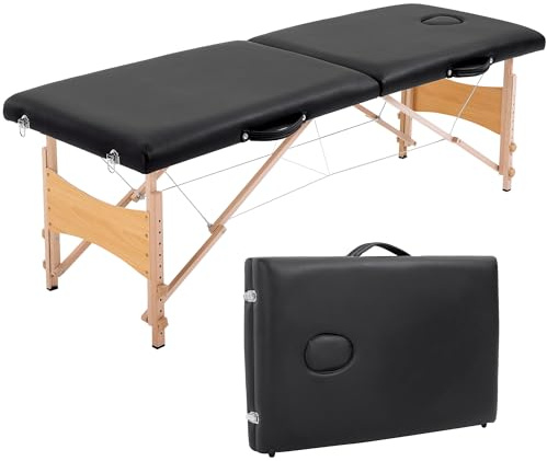 HOMCOM Table de Massage Pliante, lit de Massage 2 Zones 186 x 60 cm Portable, Hauteur réglable, Oreiller Facial Amovible, Table esthétique Tatouage en Bois de hêtre, Sac de Transport Inclus, Noir