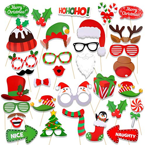 HOWAF Weihnachten Photo Booth Requisiten Kit, 32pcs Lustige Weihnachten Gesicht Masken Selfie Fotorequisiten Accessoiresfür Kinder Erwachsene Weihnachten Spiele Dekoration Partyartikel