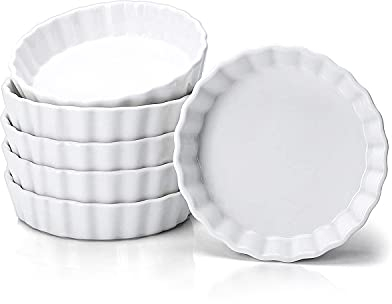 Taeochiy 8 Oz Creme Brulee Ramekins, Porcelain Ramekins Oven Safe, Round Tart Pan Mini Fluted Quiche Dishes, Set of 6, White