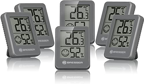 BRESSER Temeo Hygro Lot de 6 Indicateurs Thermo-hygrométriques À Poser Debout Ou À Monter Au Mur, avec Indicateur De Climat De Pièce, Gris