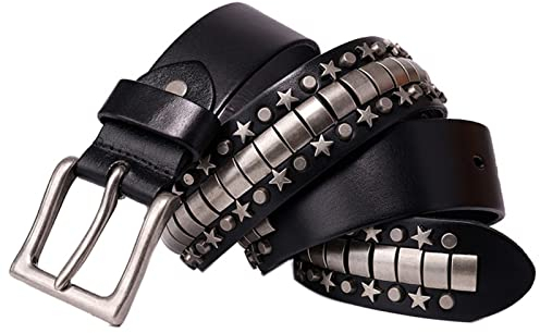 Herren & Damen Gürtel Nieten Echtes Ledergürtel mit Coolen Stern Nieten und Legierung Dornschließe, Punk Rock Style Nietengürtel Versch Farben Und Größen,Schwarz,115cm/waist:38~40