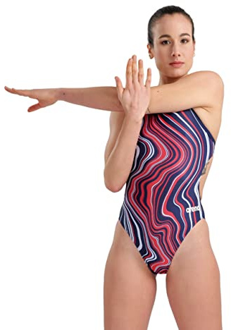 Arena Damen Sport Badeanzug Marbled Challenge Back, Navy-red Multi, 005562, 38
