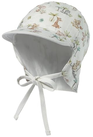 Sterntaler Schirmmütze mit Nackenschutz Tierbabys mit Bindeband für Jungen - Baby Mütze mit Ohrenklappen - Schirmmütze Baby mit Druckmuster - Sonnenkappe aus Baumwolle - ecru, 41