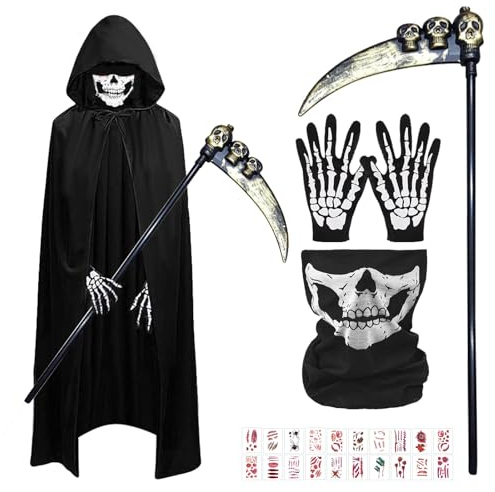 LETTERASHQP Costume da Tristo Mietitore+20 Cicatrici di Halloween, Cappotto da Tristo Mietitore Adatto alla Festa di Halloween Masquerade con Maschera da Teschio Guanti Falce (120cm)