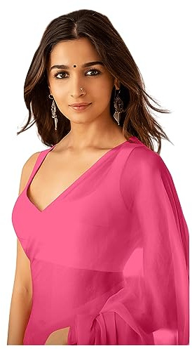 Sidhidata Women's Plain Pure Georgette Saree With Unstitched Blouse Piece (Rocky Aur Rani Ki Prem Kahani Alia Bhatt Saree) (Baby Pink)