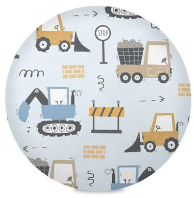 Light Blue Trucks and Diggers Round Table Placemats Toddlers Kids Plastic Placemats Waterproof Reversible Quilted Placemat Washable Placemats Kids Plate Placemat