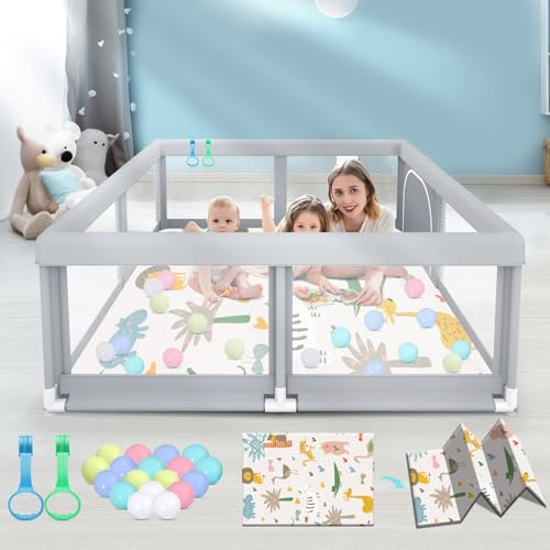 Fshibila 50 ×50 Baby Playpen with Mat, Baby Playard for Babies and Toddlers, Play Pens for Indoor & Outdoor, Sturdy Safety Play Yard with Soft Breathable Mesh, Anti-Fall, Ball x 18, Handle x 2, Grey