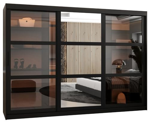 ABIKSMEBLE DOME 2 Guardaroba con Tre Ante Scorrevoli con Specchio, Barre e Ripiani - Armadio Portaoggetti con Vetro Fumé per Camera da Letto, Soggiorno - 200x250x62 cm - Nero, Nero, Nero