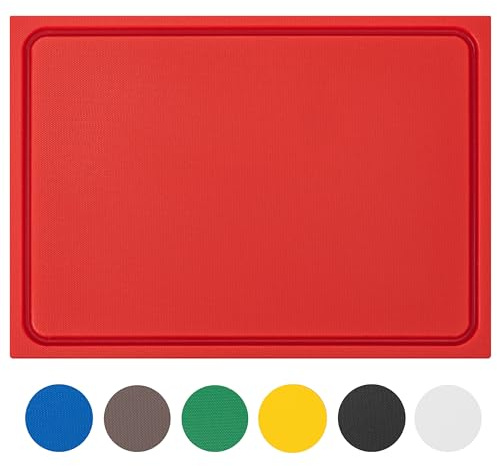 MUVELL Planche à découper en plastique PE-HD Rouge, 35x25x2 cm, passe au lave-vaisselle, extra épaisse, n'abîme pas les couteaux bac à jus