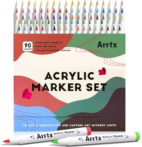 Arrtx Acrylic Markers 90 Colors, Premium Brush Tip Acrylic Paint Pens, Water Based Ink, No Toxic, Waterproof Paint Markers for Rock Painting Wood Stone Glass Fabric Christmas Decorations
