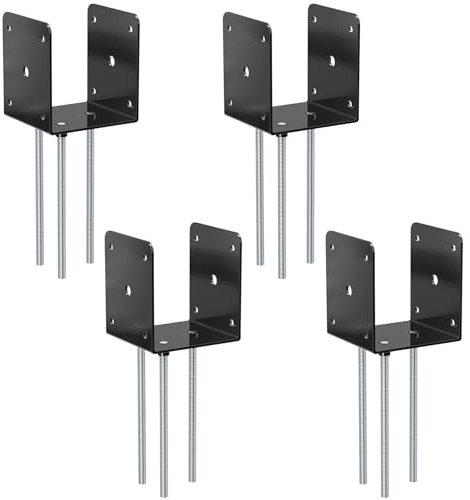4x4 Concrete Post Base Anchor, Deck Post Base Holder Ground Spike for Concrete,Home Improvement,Decking Post Brackets for Pavilion Deck Porch Handrail Railing,Heavy Duty Black Powder Coated（4pcs
