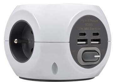 SIMON COMBIBALL - Presa multipla con presa francese, multipla con presa USB, 8 prese di ricarica, ladro di prese con interruttore, ricarica wireless smartphone, colore bianco