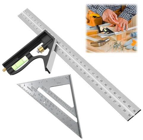 2 Pcs Combination Square, Incl 11.81inch/300mm Combination Square With Spirit Level, And A Silver 7-Inch Imperial Triangle Ruler At 90 Degrees For Accurate And Adjustable Woodworking Measurement