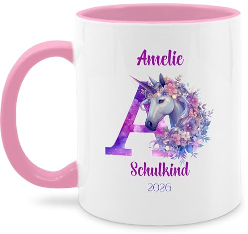 Tasse Tassen 325ml - Schulkind 2026 Einhorn Anfangsbuchstabe mit Name I Einschulung Geschenk Schulanfang Mädchen Geschenkidee Schuleintritt - 325 ml - Rosa - 2025