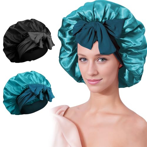 woleeup Silk Satin Hair Bonnet for Sleeping - 2PCS Silk Sleep Bonnets for Women Curly Hair, Soft Breathable Satin Bonnet with Tie Band Hair Wrap Cap for Sleeping (Set D)