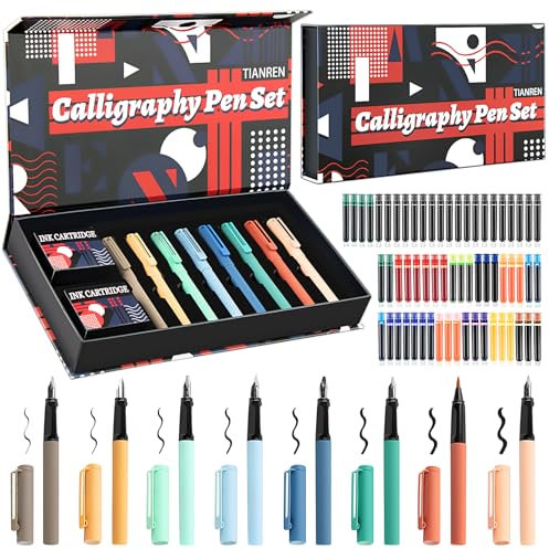 Kalligraphie-Stift-Set, Füllfederhalter mit 8 verschiedenen austauschbaren Federn mit 60 Tintenpatronen (12 Farben) zum Schreiben und Zeichnen, Kalligraphie-Sets für Anfänger Kinder und Erwachsene.