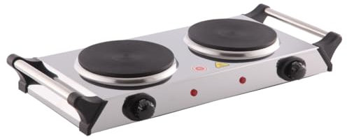 Maya Range Hot Plate, Stainless Steel Table Top Cooking, 2000W Black Steel Electric Double Hob with Handles, 2 Cast Iron Portable Hob Burner Rings for Home Kitchen, Pots, Camping (Dual)