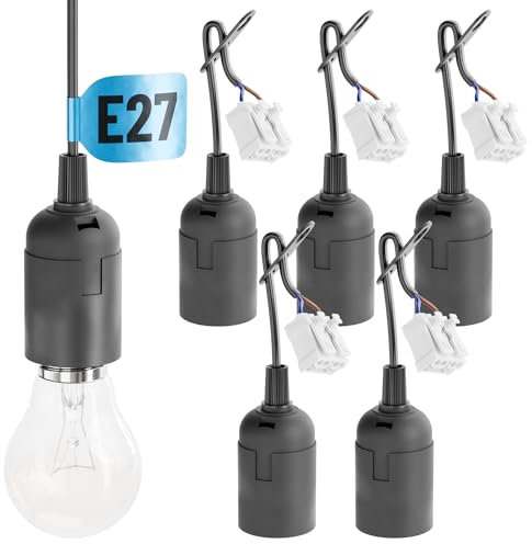 6x Baufassung E27 Schwarz Mit Schnellverbinder - Lampenfassung Inkl. Zugentlastung - Renovierfassung Max. 60W 250V - Baustellenfassung, LED-Baufassung, Bau Lampenfassung, Baulampen