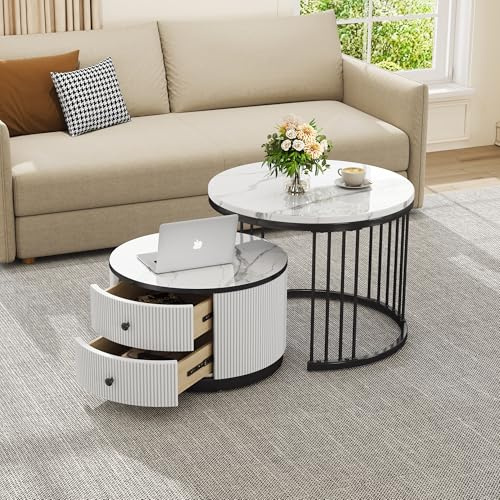 BTM Elegantes 2-teiliges, weißes Couchtisch-Set in Nestform, 60*60*45.5cm & 50*50*32cm, runde Tische mit hochglänzender Marmoroptik, 2 Schubladen, bis 30kg belastbar, Nesting-Kombination Couchtisch