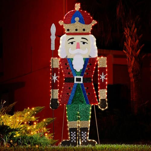Outopee Christmas Lighted Nutcracker Soldier Decoration, Outdoor Christmas Waterproof 2D Walnut Soldier with LED Lights, Pre-Lit Classic Traditional Ornament for Xmas Yard Patio Front Door