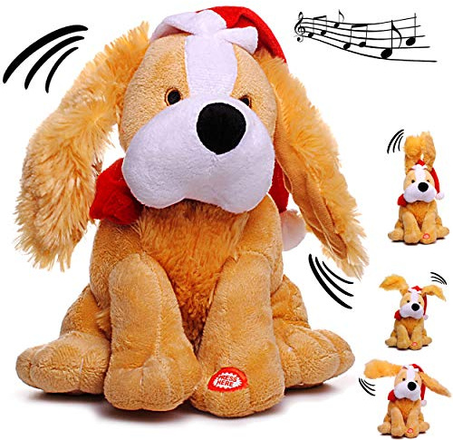 alles-meine.de GmbH XL - singender & Tanzender - Hund - Jingle Bells - Plüschtier mit Sound & Bewegung - 26 cm - aus Stoff/Plüsch - Weihnachtsmann/Weihnachtshund/Welpe - Ti..