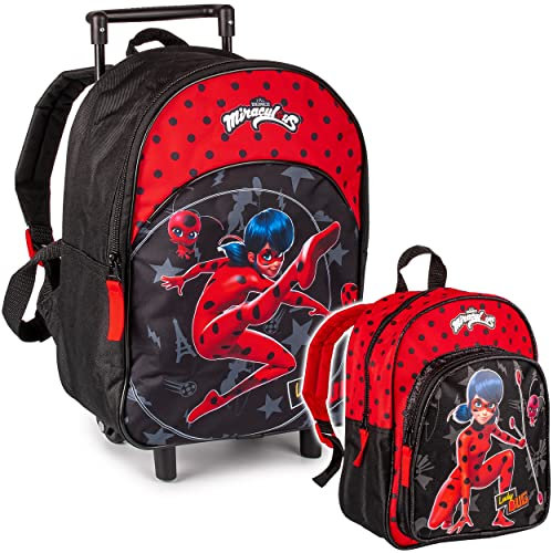 2 TLG. Set Kinder Trolley + Rucksack Miracul. - Ladybug und Cat Noir wasserabweisend & beschichtet - für Mädchen & Jungen - Trolly mit Rollen - Kindertr..