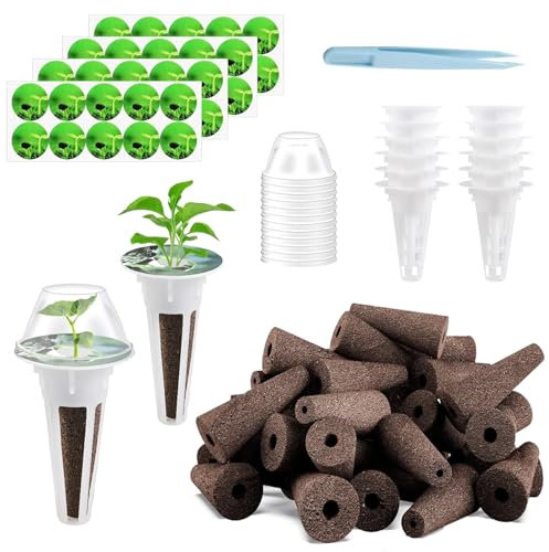 105 Pcs Aerogard Seed Tray Set Hydroponic Garden Accessories for Starting Systems, 12 Plant Baskets, 12 Clear Covers, 40 Stickers, 40 Grow Sponges and 1 Tweezers