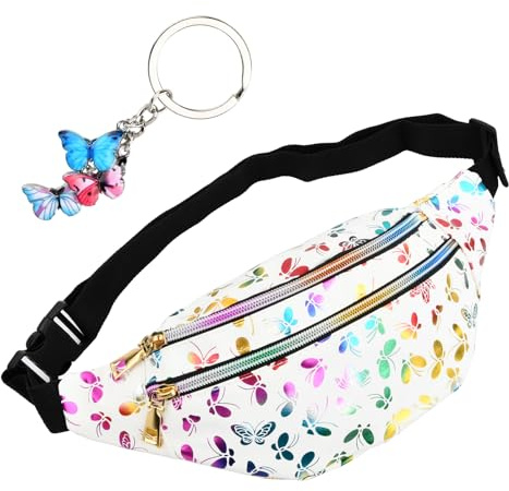 Wisebom Bauchtasche für Kinder, Mädchen Gürteltasche mit Schmetterlings Anhänger, Multifunktionale Tailletasche, PU Leder Bunt Hüfttasche mit Verstellbarem Gurt für Reisen Party Wandern (Weiß)