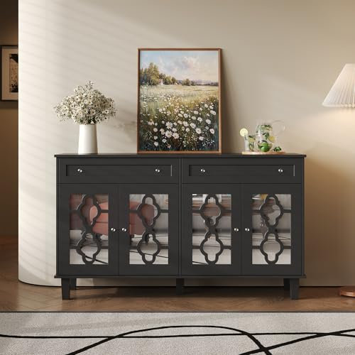 Buffet - 140 * 40 * 83cm - Armoire avec Quatre Portes en Miroir, Commode avec Tiroirs, Étagères Réglables et Poignées en Cristal, NOI