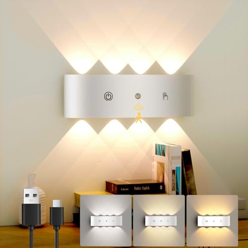YrgePowk 1 Stück Akku Wandleuchte Innen 6000mAh - LED Wandlampe mit Bewegungsmelder Kabellose Wandleuchte Ohne Stromanschluss USB Aufladbare Wall Lampe für Schlafzimmer Treppe Weiß
