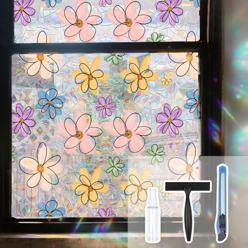 Daisy Flower Stained Glass Window Film Static Cling with Tools - 17.5 x 78.7 Inch Non-Adhesive Privacy Decorative Cute Rainbow Film for Windows, Doors, Sidelights - Easy Install & Remove