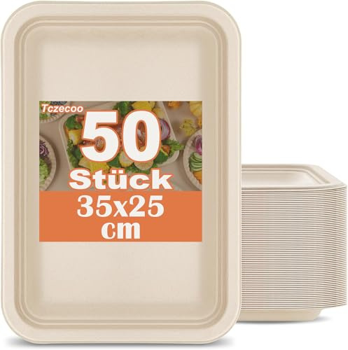 Tczecoo 50 Stück Papptellers, 35 x 25 cm Quadratische Pappteller, Zuckerrohr Bagasse Teller, Umweltfreundlich Servierplatten für Party BBQ Buffets Picknicks
