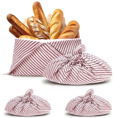 yeload 2 Pack Beeswax Bread Bags, Striped Linen Bento Bags, 14 Cotton Loaf Bag, Reusable Organic Food Storage, Sourdough Bag, Rustic Farmhouse Azuma Bukuro Origami Wrap for Baked Gifts (Red, 2)