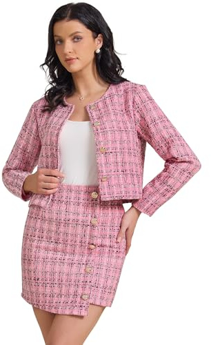 Allegra K Damen 2 Stück Rock Sets Tweed Blazer Button Down Jacke Minirock Set Business Casual Outfits 2025, Pink, Mittel