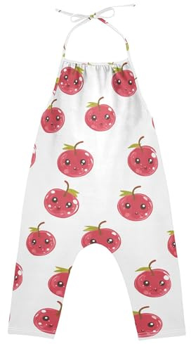 Lindo mameluco blanco de grosella roja para niña pequeña con bolsillos, sin espalda, trajes hawaianos de algodón, talla 1T, Grosella roja Kawaii Blanco Fruta, 6 años