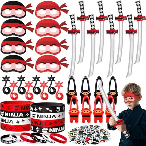 Tacobear Ninja Party Mitgebsel Kindergeburtstag mit Ninja Masken Silikon Armbänder Fingerschleuder Krieger Spielzeug Aufkleber Ninja Geburtstag Gastgeschenke Give Aways für Jungen