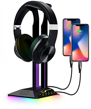 KALAHOL RGB Headset Halterung, Gaming Zubehör Kopfhörer Ständer mit 2 USB- und 1 Typ C Ports für PC-Gamer, Stabil LED kopfhörerständer für alle Kopfhörer, Geschenk für Geburtstag, Jungen, Weihnachten