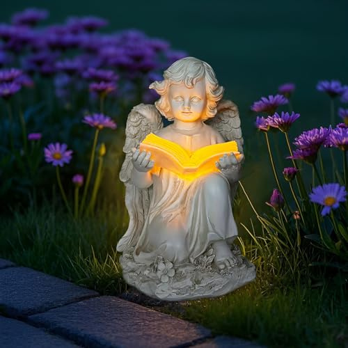 Tuzsocr Grabengel Gartenstatue mit Solar LED Licht, Grabschmuck | LED-Licht leuchtet automatisch bei Dunkelheit, wetterfest für Friedhof, Rasen und Terrasse, würdevolles Andenken