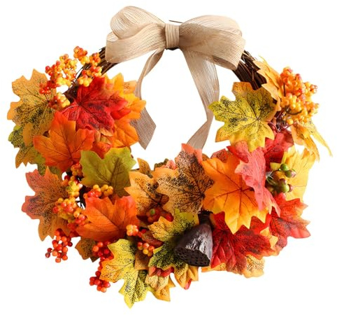 Türkranz Herbst Deko | 45CM Herbstdeko Herbstkranz Haustür mit Herbstblätter Beeren, Künstliche Herbstkranz Hängende für Herbst Dekoration, Wand, Fenster, Innen Außen (A)