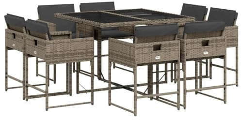 vidaXL Garten Essgruppe 9-TLG., Gartenmöbel Set Tisch mit Glasplatte 8 Stühle, Gartengarnitur mit Kissen, Sitzgruppe Terrasse, Grau Poly Rattan