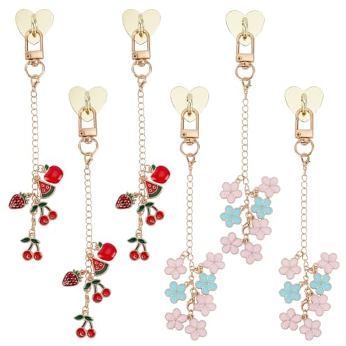 PLIGREAT 6 Pcs Cherry Charm Chains for Kindle, Bag Purse Charms Flower Charm Keychain with Heart Hook Red Fruit Decorative Chain Accessories for Women Phone E-Reader, 2 Styles