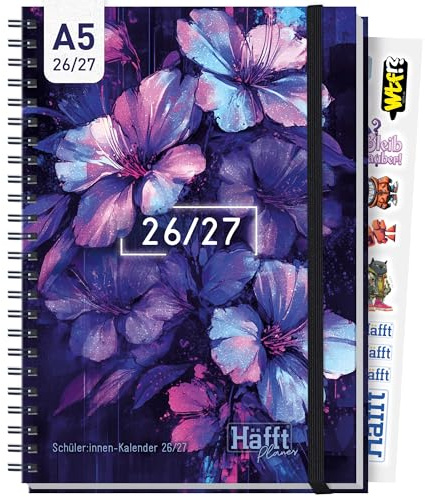Häfft® Planer Premium 2026 2027 A5 Hardcover Schülerkalender Dark Bloom | Anti-Langeweile-Garantie - Hausaufgabenheft, Schulplaner, Schülerplaner mit Gummiband, Stickern, lustigen Sprüchen & mehr