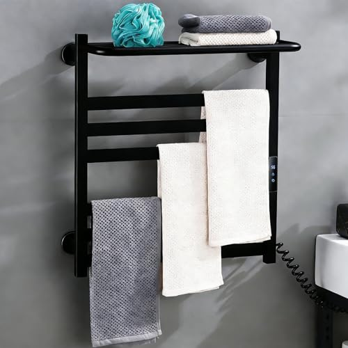 Scaldasalviette Termoarredo Elettrico 100W Radiatore da Bagno Elettrico con Timer e Temperatura Regolabile Scaffale di Essiccazione a Parete in Acciaio Inossidabile Elettrico Portasciugamani-Nero