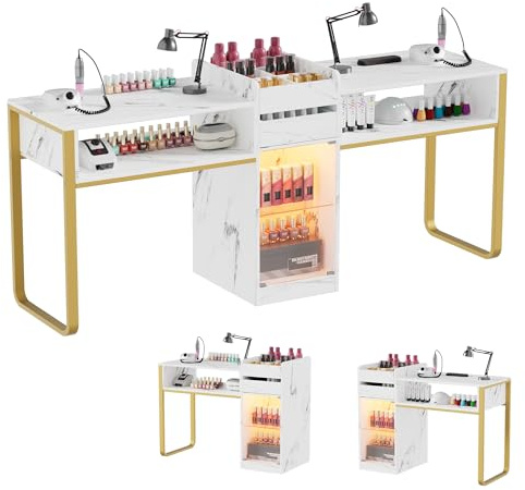 Table Manucure, Table Onglerie Professionnel en Bois avec Tiroirs, Vitrine avec éclairage LED réglable, marbre-Blanc-Or, Tables Prothésiste Ongulaire Double Moderne pour Salon de Beauté,194x45x81cm