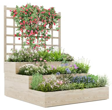 GarveeLife 3-Stufiges Holz-Hochbeet Mit Rankgitter, Mehrstufiger Pflanzkasten Für Kletterpflanzen,110 x 115 x 115 cm, Natur, 1 Stück